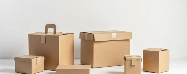 Photographie réaliste d'emballages personnalisés et écologiques alignés sur une surface propre avec un espace négatif clair, montrant des matériaux naturels et recyclés au rendu haut de gamme