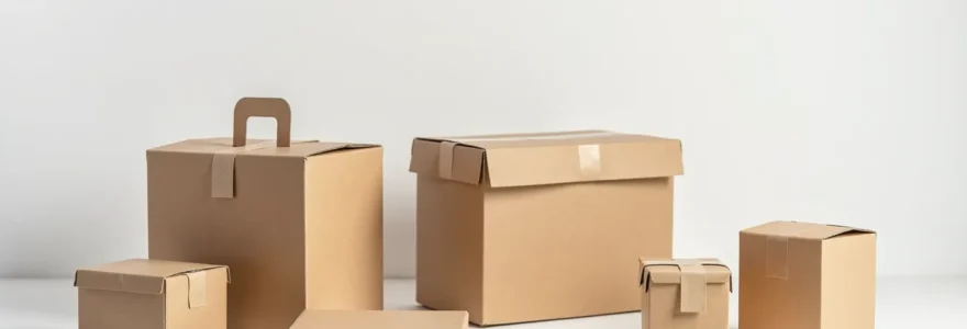 Photographie réaliste d'emballages personnalisés et écologiques alignés sur une surface propre avec un espace négatif clair, montrant des matériaux naturels et recyclés au rendu haut de gamme