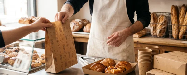 Un boulanger tend à un client un sac en papier personnalisé contenant des viennoiseries, sur un comptoir en inox d'une boulangerie artisanale française.