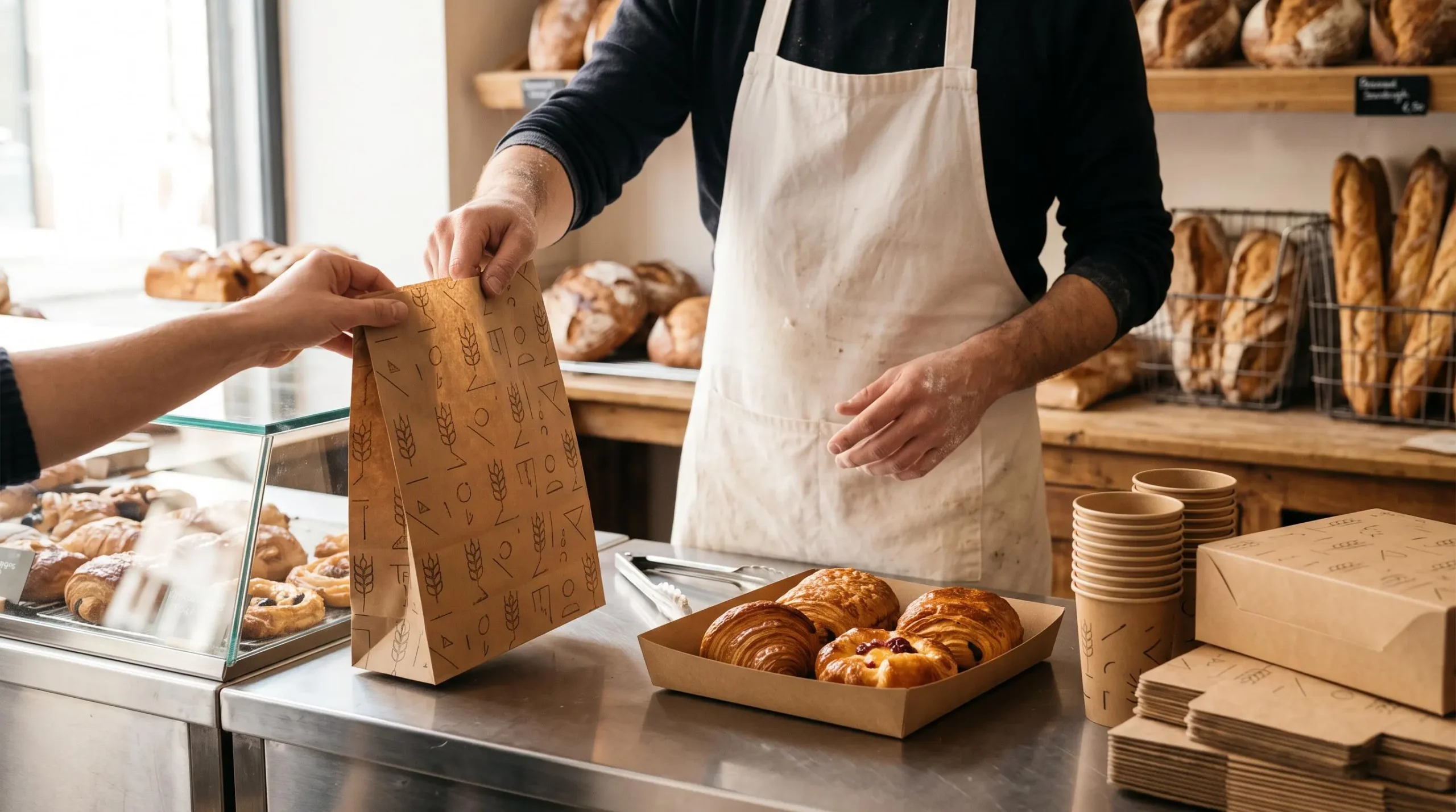 Un boulanger tend à un client un sac en papier personnalisé contenant des viennoiseries, sur un comptoir en inox d'une boulangerie artisanale française.