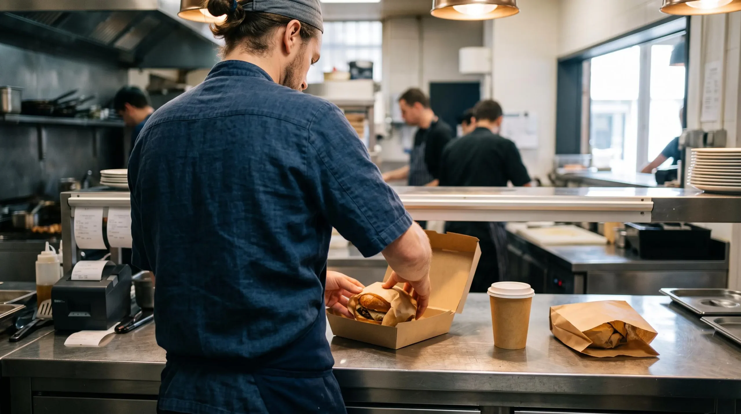 Un chef de cuisine glisse un plat emballé dans une boîte kraft pour une commande à emporter, sur un plan de travail en inox.