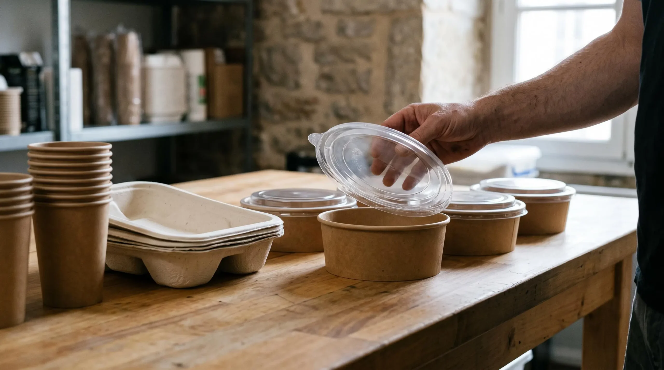 Une main soulève le couvercle d'un saladier en carton kraft posé à côté de barquettes en fibre de canne et de gobelets en carton sur une table de travail.