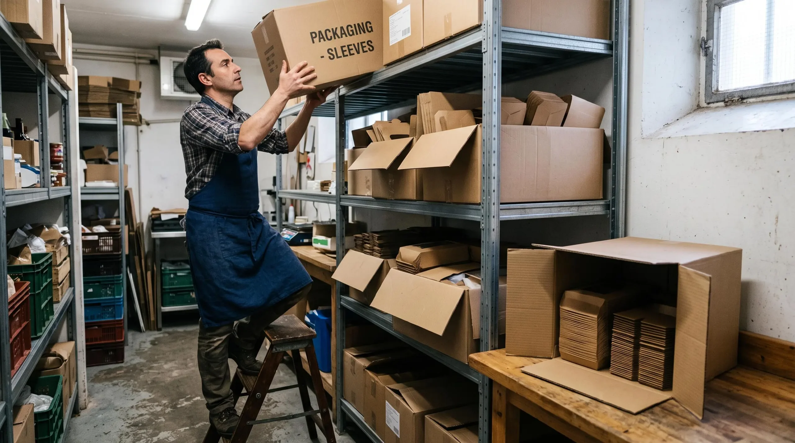 Un employé de boucherie-charcuterie monte des cartons de conditionnements papier sur un rayonnage métallique dans une réserve.
